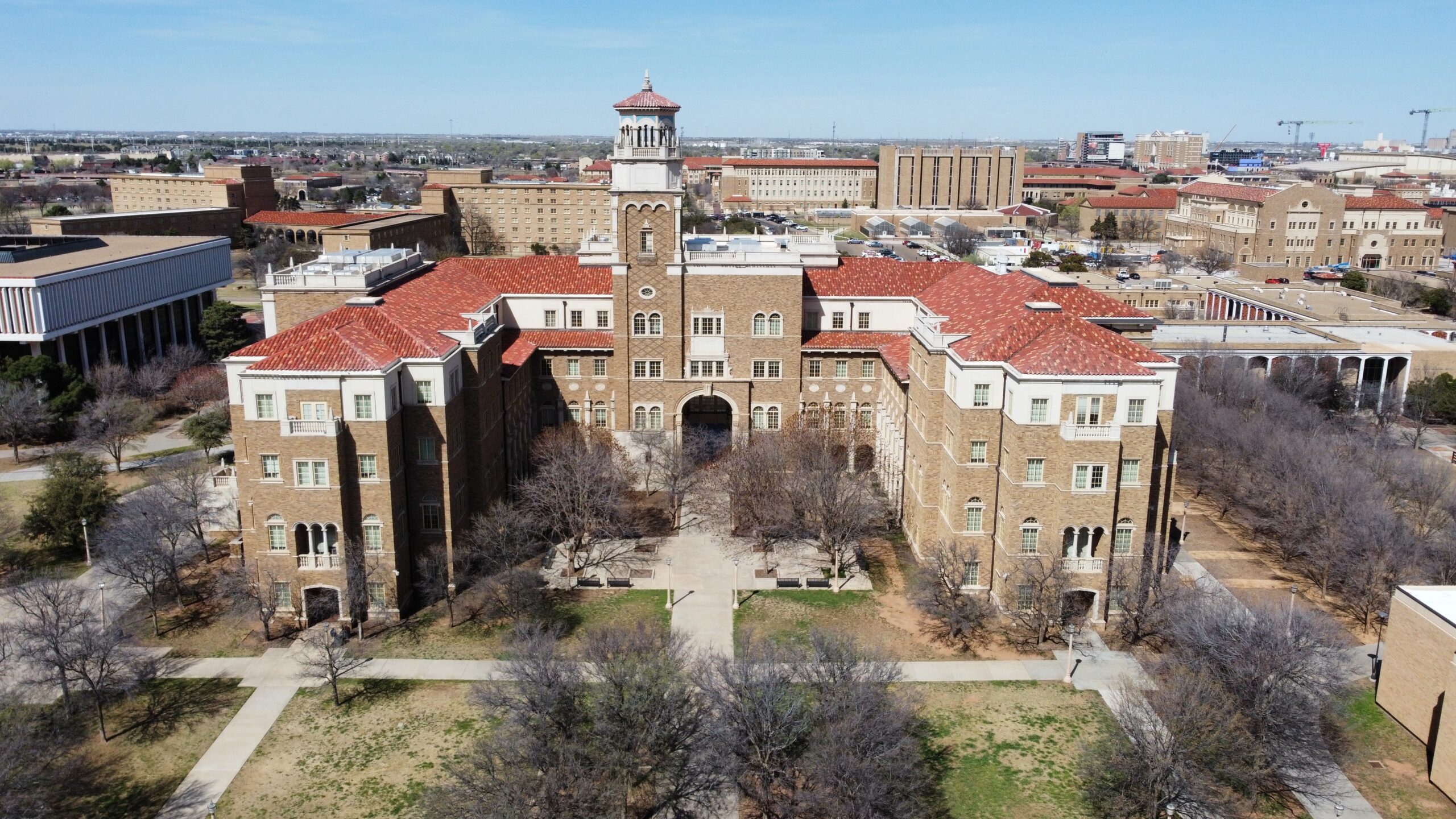 Aerial shot captures the South face of the Humanities building
