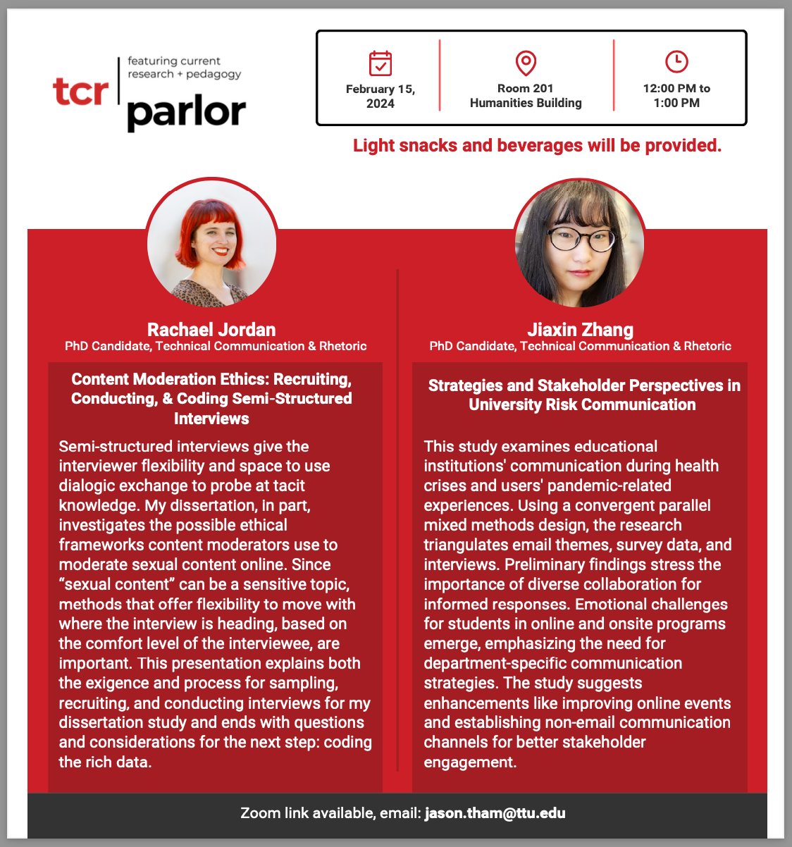 Flyer for the TCR Parlor