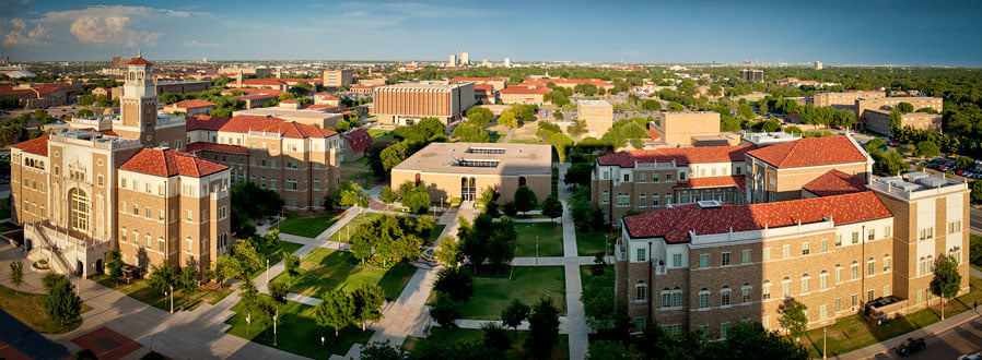 Wide angled shot of the Humanities building and the Education building